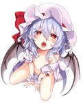  bat_wings blue_hair blush bottomless collarbone eyebrows eyebrows_visible_through_hair fangs full_body hair_between_eyes hat kedama_milk looking_at_viewer mob_cap naked_shirt no_bra no_panties open_mouth oral_invitation pointy_ears red_eyes remilia_scarlet shirt simple_background sitting solo touhou v_arms wariza white_background wings wrist_cuffs 
