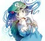  :/ backpack bag blue_eyes blue_hair blue_shirt blue_skirt blush cattail closed_mouth commentary_request frilled_shirt_collar frills green_hat hair_bobbles hair_ornament hat kawashiro_nitori key long_sleeves looking_at_viewer makuwauri plant shirt short_hair skirt skirt_set solo touhou two_side_up upper_body 