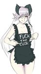  apron black_apron blush breasts clothes_writing cowboy_shot demon_horns english fuck-me_shirt hair_over_one_eye horns lilim_(monster_girl_encyclopedia) long_hair looking_at_viewer medium_breasts meme_attire monorus monster_girl_encyclopedia naked_apron pointing pointy_ears profanity red_eyes silver_hair simple_background sketch smile solo source_request white_background 