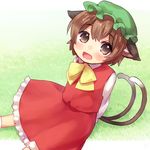  :d animal_ears arms_behind_back bad_id bad_pixiv_id brown_eyes brown_hair cat_ears cat_tail chen dress frilled_dress frills grass hat highres looking_at_viewer mob_cap multiple_tails nekomata open_mouth outdoors ribbon sawatari_(sado) short_hair sitting smile solo tail touhou two_tails 
