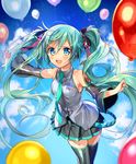  :d aqua_hair balloon black_legwear blue_eyes bow commentary_request detached_sleeves hair_bow hair_ribbon hatsune_miku headset holding long_hair looking_at_viewer md5_mismatch murakami_yuichi necktie open_mouth pleated_skirt ribbon skirt smile solo thighhighs twintails vocaloid zettai_ryouiki 