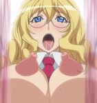  aku_no_onna_kanbu blonde_hair breasts diana_aamaan drill_hair erect_nipples gigantic_breasts glasses huge_nipples nipples orgasm saliva stitched 