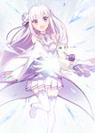  :d blue_eyes braid casting_spell commentary_request crown_braid detached_sleeves emilia_(re:zero) hair_ornament koto_(colorcube) long_hair looking_at_viewer open_mouth pleated_skirt puck_(re:zero) purple_eyes re:zero_kara_hajimeru_isekai_seikatsu skirt slit_pupils smile solo standing standing_on_one_leg thighhighs very_long_hair white white_hair white_legwear zettai_ryouiki 