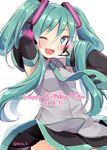  2016 aqua_eyes aqua_hair bare_shoulders blush commentary dated detached_sleeves happy_birthday hatsune_miku hazuki_natsu headset long_hair looking_at_viewer necktie one_eye_closed open_mouth shirt skirt sleeveless sleeveless_shirt smile solo twintails very_long_hair vocaloid 