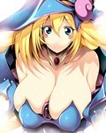  bare_shoulders blonde_hair bloom blush_stickers breasts choker cleavage closed_mouth collarbone commentary_request dark_magician_girl duel_monster green_eyes hat huge_breasts long_hair looking_at_viewer pentacle smile solo tsukasawa_takamatsu upper_body white_background wizard_hat yuu-gi-ou 