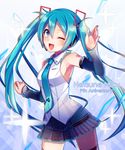  ;d aqua_eyes aqua_hair armpits bare_shoulders black_legwear blush character_name detached_sleeves hair_between_eyes hatsune_miku headset highres long_hair looking_at_viewer necktie nou one_eye_closed open_mouth skirt sleeveless smile solo thighhighs twintails very_long_hair vocaloid 