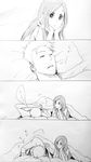  1girl bad_id bad_pixiv_id blanket bleach breasts comic greyscale haruji highres inoue_orihime kurosaki_ichigo long_hair looking_at_another monochrome pillow poking short_hair spoilers translated 