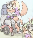  anthro canine clothed clothing cub diaper digital_media_(artwork) duo female fox kissing lavilovi male male/female mammal simple_background smile wheelchair wolf young 