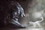  2017 ambiguous_gender ashesdrawn black_nose detailed_background digital_media_(artwork) duo fantasy feline feral fur lion mammal open_mouth pantherine teeth tongue white_fur 