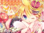  1boy blonde_hair blue_eyes blush child crown fan floral_print fur gigantic_o.t.n_(vocaloid) heart heart-shaped_pupils japanese_clothes kagamine_len lantern male_focus mars_symbol mizuno_eru off_shoulder one_eye_closed open_clothes open_mouth solo traditional_clothes vocaloid 