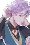  alternate_hair_length alternate_hairstyle aqua_eyes flower japanese_clothes kasen_kanesada male_focus maru0one purple_hair smile solo touken_ranbu upper_body 