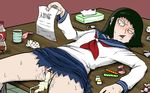  after_sex black_eyes black_hair blush condom cum cum_in_pussy cumdrip kurata_tome mob_psycho_100 nicetack no_panties on_table presenting school_uniform serafuku short_hair solo table tissue_box trembling used_condom used_tissue 