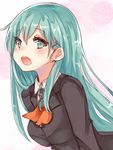  aqua_eyes aqua_hair blazer blush breasts chiune_(yachi) commentary_request hair_ornament hairclip jacket kantai_collection long_hair looking_at_viewer medium_breasts open_mouth school_uniform simple_background solo suzuya_(kantai_collection) 