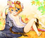 1boy blonde_hair blue_eyes blush child collarbone crown fan floral_print fur gigantic_o.t.n_(vocaloid) japanese_clothes kagamine_len male_focus multicolored_hair nail_polish navel obi open_clothes open_mouth smile solo taiya toenail_polish traditional_clothes vocaloid yellow_nails 