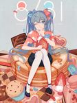  cake checkerboard_cookie cookie cupcake dated fen_renlei food fruit hair_ornament hairclip happy_birthday hatsune_miku long_hair one_eye_closed pancake pantyhose sitting solo strawberry twintails very_long_hair vocaloid white_legwear 