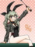  anchovy anzio_military_uniform arm_support bangs black_leotard bunny_day bunnysuit crossed_legs dated detached_collar drill_hair girls_und_panzer green_hair grey_jacket grin hair_ribbon holding jacket leotard long_hair looking_at_viewer military military_uniform necktie oosaka_kanagawa pink_background polka_dot polka_dot_background ribbon riding_crop side-tie_leotard sitting smile solo strapless strapless_leotard twin_drills twintails uniform 