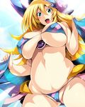  :d adapted_costume bare_shoulders bikini blonde_hair blue_bikini blush_stickers breasts cameltoe cleavage commentary_request cowboy_shot curvy dark_magician_girl duel_monster green_eyes hat large_breasts long_hair looking_at_viewer navel open_mouth pentacle skindentation smile solo stomach string_bikini sunlight swimsuit tsukasawa_takamatsu wizard_hat yuu-gi-ou 