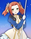  dress eleanor_hume green_eyes highres open_mouth polearm protected_link red_hair smile solo srssrm tales_of_(series) tales_of_berseria twintails weapon 