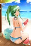  absurdres ass bikini blush breasts duel_monster food fruit green_eyes green_hair gusto_gulldo hair_ornament highres hikaru49831115 jewelry long_hair looking_at_viewer looking_back medium_breasts ocean outdoors ponytail smile solo swimsuit watermelon winda_priestess_of_gusto yuu-gi-ou 