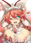  absurdres alternate_eye_color aqua_eyes areolae blush breasts breasts_outside clover cum cum_in_mouth cum_on_body cum_on_breasts cum_on_tongue cum_on_upper_body earrings elphelt_valentine four-leaf_clover gloves guilty_gear guilty_gear_xrd hair_between_eyes hairband hand_on_breast hat heart heart-shaped_pupils highres jewelry jie_laite large_breasts looking_at_viewer nipples one_eye_closed open_mouth out_of_frame paizuri penis pink_hair short_hair solo_focus spikes spoken_heart symbol-shaped_pupils tears tongue tongue_out 