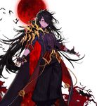  artist_request black_hair blood_mage_(dungeon_and_fighter) coat coattails dungeon_and_fighter fingerless_gloves gloves hair_over_one_eye long_hair male_focus male_mage_(dungeon_and_fighter) moon official_art open_clothes open_coat outstretched_arms purple_skin red_moon solo transparent_background waistcoat 