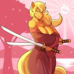  anthro applejack_(mlp) breasts cherry_blossom cleavage clothed clothing earth_pony equine freckles friendship_is_magic horse japanese_clothing kimono mammal marik_azemus34 melee_weapon my_little_pony plant pony ponytail smile smirk solo sword weapon 