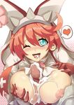 1girl ahoge aqua_eyes arc_system_works blush breast_grab breasts bridal_veil bunny_ears clover cum deep_skin dress ejaculation elphelt_valentine four-leaf_clover gloves guilty_gear guilty_gear_xrd heart heart-shaped_pupils jie_laite large_breasts long_sleeves looking_at_viewer nipples one_eye_closed open_mouth paizuri penis pink_hair ribbon saliva shiny shiny_hair shiny_skin short_hair smile spikes spoken_heart tears tongue tongue_out veil wedding_dress 