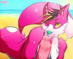  2016 anthro anus beach butt canine digital_media_(artwork) erection fellatio fox fur hair kizz looking_at_viewer male male/male mammal nude oral outside penis piercing pink_fur sea seaside sex smile solo tongue tongue_out tongue_piercing water 