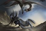 2018 ambiguous_gender ashesdrawn canine claws day detailed_background digital_media_(artwork) dragon duo fantasy feathered_wings feathers feral hybrid mammal membranous_wings outside sky solo standing wings wolf 