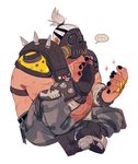  1boy arm_wrap bad_id bad_twitter_id belt black_gloves black_nails boots fat fat_man fingerless_gloves fingernails gas_mask gauntlets gloves hair_ornament hair_tie holding jewelry knee_pads male_focus mask nail_polish nail_polish_bottle overwatch pants pauldrons ponytail ring roadhog_(overwatch) shirtless short_ponytail simple_background single_glove sitting skull solo sparkle spikes spoken_ellipsis stomach_tattoo tattoo white_background white_hair x_navel 