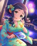  alternate_hairstyle artist_request black_hair blush breasts brown_eyes cleavage drill_hair fan fireworks hair_ornament idolmaster idolmaster_cinderella_girls japanese_clothes kimono large_breasts long_hair night official_art oonuma_kurumi paper_fan ringlets smile solo tears wavy_mouth 