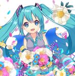  :d aqua_hair blue_eyes blurry bouquet commentary_request depth_of_field detached_sleeves flower hatsune_miku long_hair looking_at_viewer necktie nyori open_mouth petals pleated_skirt simple_background skirt smile solo vocaloid white_background 