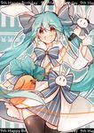  ahoge animal_ears aqua_hair bunny_ears carrot cowboy_shot fuuko_(2679566944) happy_birthday hatsune_miku highres long_hair md5_mismatch microphone open_mouth red_eyes solo thighhighs twintails very_long_hair vocaloid 