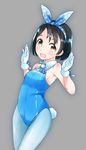  :d ascot black_hair blue_leotard bow brown_eyes bunny_tail bunnysuit collar comah glove_bow gloves hairband idolmaster idolmaster_cinderella_girls leotard open_mouth pantyhose polka_dot polka_dot_bow polka_dot_ribbon sasaki_chie short_hair smile solo tail 