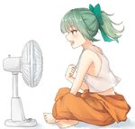  azuhira bangs bare_arms bare_shoulders barefoot between_legs blue_bow blush bow clothes_around_waist electric_fan eyebrows eyebrows_visible_through_hair from_side full_body green_hair hair_bow hand_between_legs indian_style jumpsuit kantai_collection no_bra open_mouth orange_pants pants ponytail profile signature simple_background sitting solo tank_top tongue white_background yellow_eyes yuubari_(kantai_collection) 