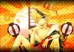  1boy blonde_hair blue_eyes blush checkered crown egasumi fan finger_to_mouth floral_print fur gigantic_o.t.n_(vocaloid) gradient japanese_clothes kagamine_len knees_up male_focus mars_symbol misao_(misaoppai) multicolored_hair obi one_eye_closed simple_background sitting solo traditional_clothes vocaloid 