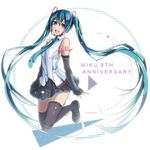  anniversary aqua_eyes aqua_hair detached_sleeves full_body hatsune_miku hatsune_miku_(vocaloid4) headset kneeling long_hair necktie open_mouth skirt solo thighhighs twintails v4x very_long_hair vocaloid white_background yen-mi 