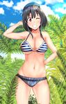  ;) beret bikini black_hair blue_sky breasts cleavage cloud day grin hat kantai_collection large_breasts misaki_takahiro navel o-ring o-ring_top one_eye_closed red_eyes shiny shiny_skin short_hair sky smile solo strap_gap striped striped_bikini swimsuit takao_(kantai_collection) vegetation 