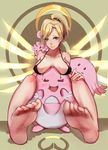  bare_shoulders barefoot bikini bikini_top black_bikini blissey blonde_hair blue_eyes blush breast_rest breasts breasts_apart breasts_on_head chansey collarbone covered_nipples crossover egg emblem feet fingernails gen_1_pokemon gen_2_pokemon gen_4_pokemon glowing glowing_wings hair_ornament hair_tie hand_on_own_knee happiny headgear highres lips logo long_fingernails long_toenails looking_at_viewer mechanical_halo medium_breasts mercy_(overwatch) overwatch pantie_painting pink_lips pokemon pokemon_(creature) ponytail sagging_breasts sitting smile soles solo spread_wings swimsuit teeth toe_scrunch toenail_polish toenails toes wings yellow_wings 