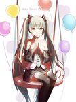  absurdres balloon character_name dandelion detached_sleeves flower green_eyes green_hair happy_birthday hatsune_miku highres long_hair necktie red_flowers sitting skirt solo thighhighs twintails very_long_hair vocaloid white_background 
