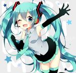  aqua_eyes aqua_hair black_gloves elbow_gloves gloves hatsune_miku headset long_hair necktie one_eye_closed open_mouth outstretched_arm shizuku_(puti_0414) skirt solo thighhighs twintails very_long_hair vocaloid 