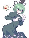  anger_vein ass black_hat blush dress ear_blush green_dress green_hair hair_between_eyes hat juliet_sleeves long_sleeves looking_at_viewer looking_back miata_(miata8674) open_mouth pointy_ears puffy_sleeves short_hair simple_background soga_no_tojiko solo spoken_anger_vein tate_eboshi touhou upper_body white_background 