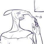  anthro breasts derek_hetrick drooling female fish gills goblin_shark long_nose marine mitsu_(derek_hetrick) monochrome open_mouth pain saliva shark solo tears 