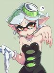  1girl ? arm_up armpits bare_shoulders black_dress blush bow breasts cleavage commentary_request detached_collar domino_mask dress earrings eyebrows food food_on_head gloves green_background hair_bow hat hotaru_(splatoon) hua113 jewelry looking_at_viewer mask medium_breasts mole mole_under_eye nail_polish object_on_head pointy_ears short_hair silver_hair simple_background solo splatoon_(series) splatoon_1 spoken_question_mark strapless sweat sweatdrop symbol-shaped_pupils tentacle_hair tentacles thick_eyebrows triangle_mouth white_gloves yellow_eyes 