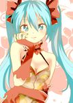  aqua_eyes aqua_hair elbow_gloves fingerless_gloves gloves hand_on_own_chin hatsune_miku light_smile long_hair looking_at_viewer mismatched_gloves nail_polish orangen solo twintails vocaloid 