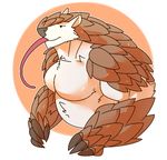  2016 4_fingers anthro arm_tuft biceps big_biceps big_muscles big_nose brown_claws brown_nose brown_scales chest_tuft claws colored cute digital_drawing_(artwork) digital_media_(artwork) dot_eyes ears_back fur half-length_portrait happyending long_tongue mammal manly musclegut muscular navel orange_background pangolin pecs pink_tongue portrait scales shaded side_view simple_background solo thick_neck tongue tongue_out toony tuft white_background white_fur 