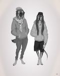  2015 absurd_res anthro barefoot beanie canine clothed clothing coonhound digital_media_(artwork) digitigrade dog duo front_view greyscale hand_in_pocket hands_in_pockets hat hi_res hoodie looking_at_viewer male mammal monochrome orimath pants scarf shorts simple_background standing tongue tongue_out 