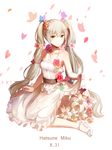  character_name dated dress flower full_body green_eyes green_hair hatsune_miku highres long_hair red_flowers sandals solo toenail_polish twintails very_long_hair vocaloid white_background white_dress 