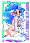  animal_ears artist_request big_hair blue_hair cat_ears cat_paws cat_tail character_name claws felicia fur green_eyes long_hair open_mouth paws solo tail vampire_(game) 