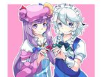  blue_dress blue_eyes bow bowtie braid capelet crescent crescent_hair_ornament double_bun dress hair_ornament hair_ribbon hat heart heart_hands heart_hands_duo highres izayoi_sakuya long_hair looking_at_viewer maid_headdress mob_cap mujib multiple_girls patchouli_knowledge pink_background puffy_short_sleeves puffy_sleeves purple_eyes purple_hair ribbon robe short_hair short_sleeves sidelocks silver_hair simple_background smile striped striped_dress touhou tress_ribbon twin_braids upper_body wrist_cuffs 